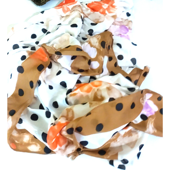 Black Cream Orange Flower Scarf Rectangle 66" X 22" Spring Elegant - Picture 4 of 5